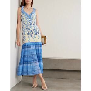 Saloni Amy Silk-Georgette Midi Dress in Millieflori Blue Cream 4 NEW Luxury
